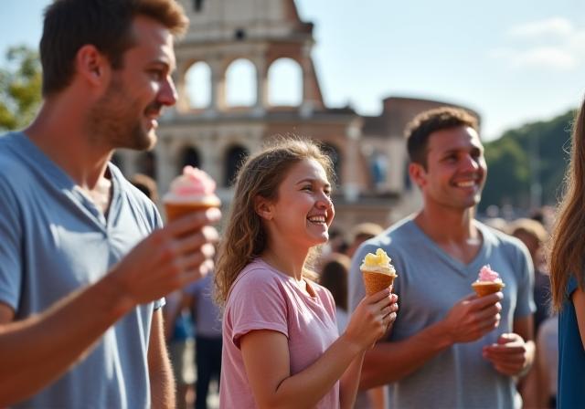 A family enjoying gelato in front of the Colosseum in Rome