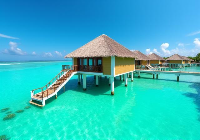 An overwater bungalow in the Maldives with crystal clear water