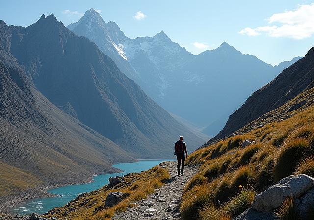 A solo hiker trekking in the mountains of Patagonia