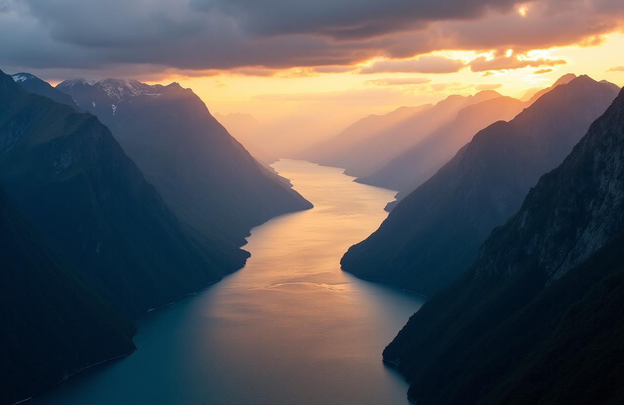 A stunning aerial view of a fiord in New Zealand at sunrise